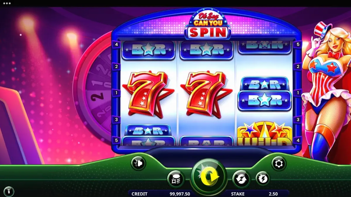 Tampilan visual slot Oh Say Can You Spin dengan tema patriotik dan roda bonus.